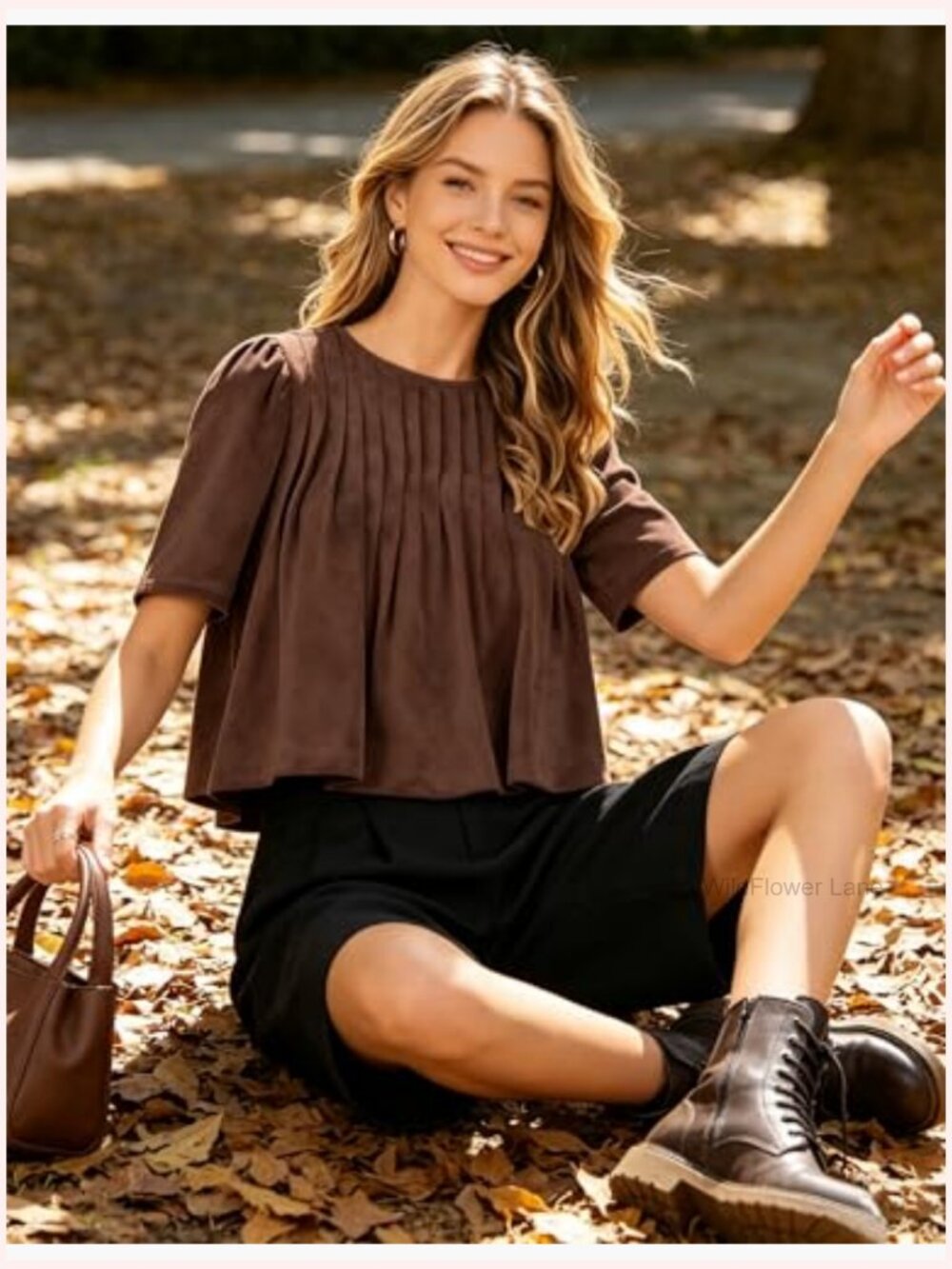 Faux Suede Babydoll Top Pleated Peplum Blouse Short Sleeve Pullover - Picture 2 of 7